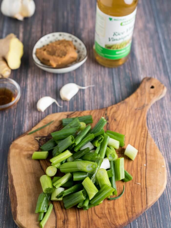 green onions, miso and ginger for miso salad dressing