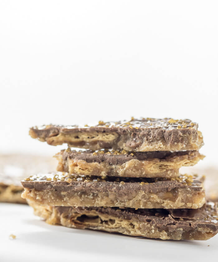 chocolate saltine toffee on a white background