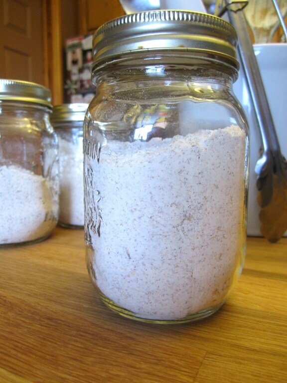 whole grain pancake mix in mason jars ready to store in the pantry