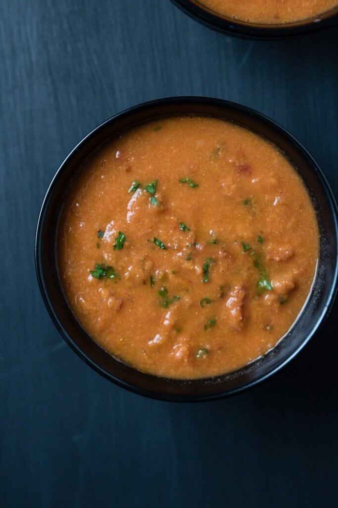 Chickpea and Sundried Tomato Soup in a black bowl