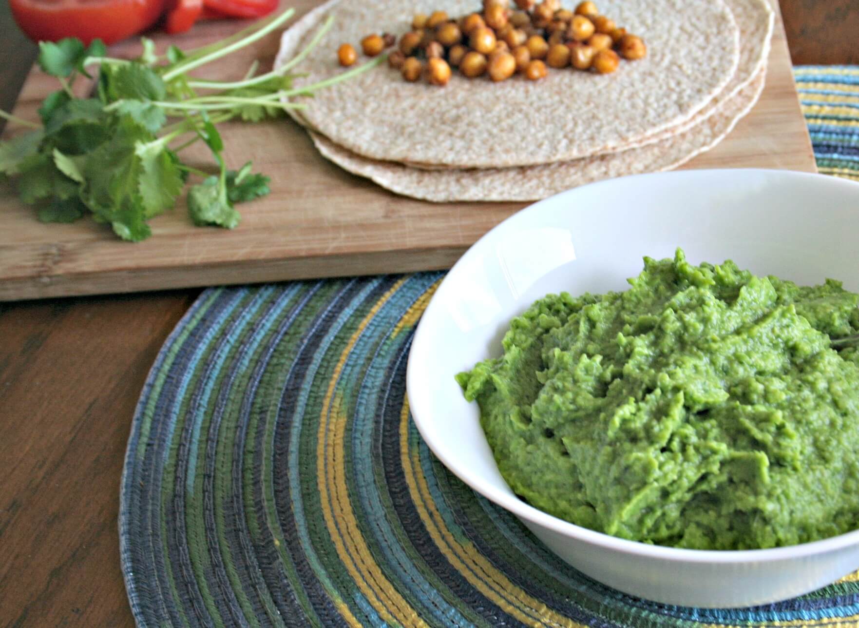 lighter guacamole made with avocado and green peas