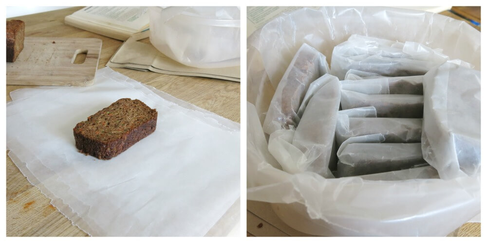how to pack zucchini bread for freezing and school lunches. individually wrapped sliced of bread