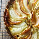Roasted pear and onion tart with goat cheese and whole wheat crust