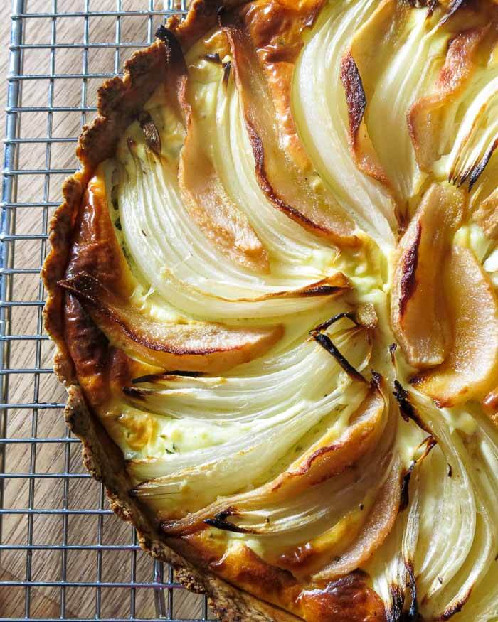 Roasted pear and onion tart with goat cheese and whole wheat crust