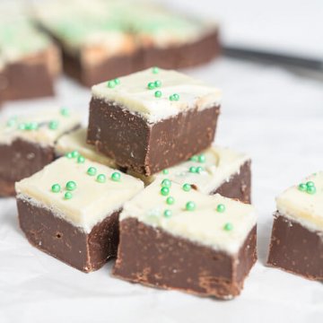 chocolate mint fudge stached on a white table
