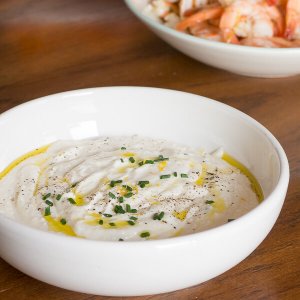 creamy feta dip with olive oil on top