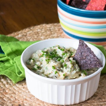 sweet onion dip in a white bowl with corn chips