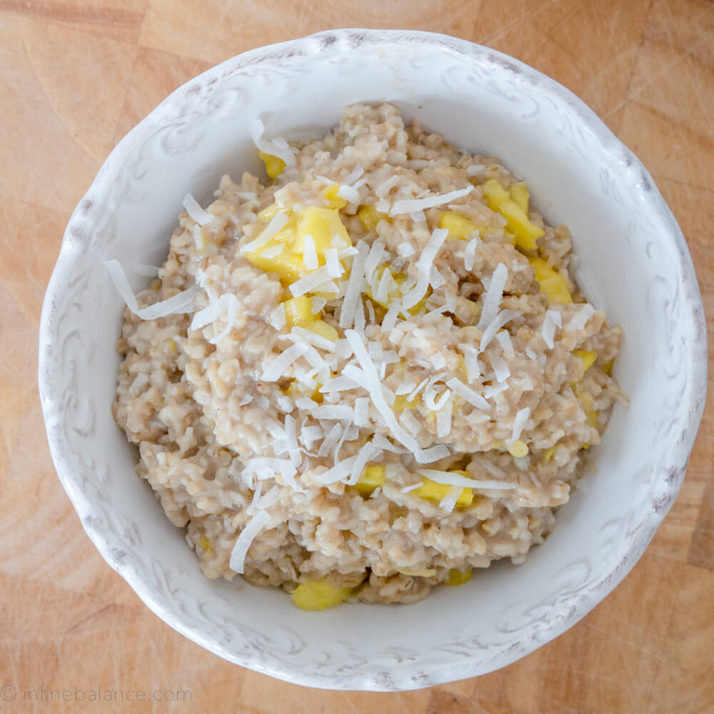 top view of tropical steal cut oats with pineapple and coconut
