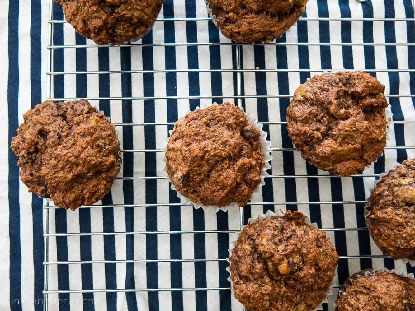 double chocolate banana muffins on a blue and white background