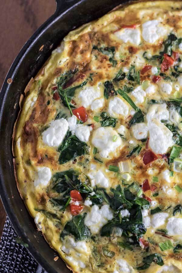 Spinach and Goat Cheese Frittata in a castiron skillet 
