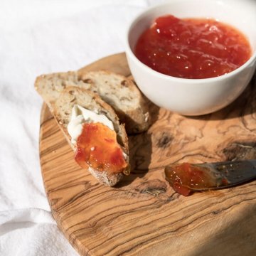 red pepper and chili jam on a toast with cheese