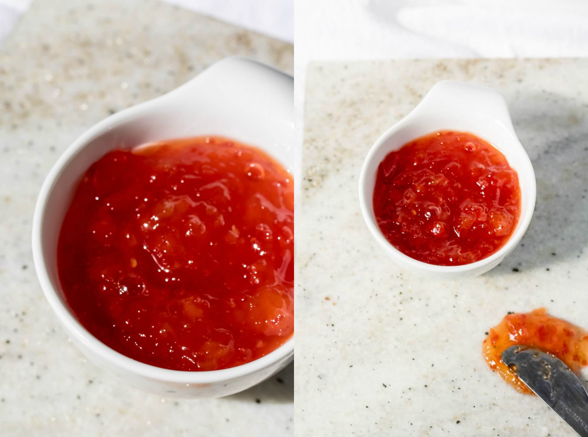a collage of red pepper jam in a small white bowl with close up