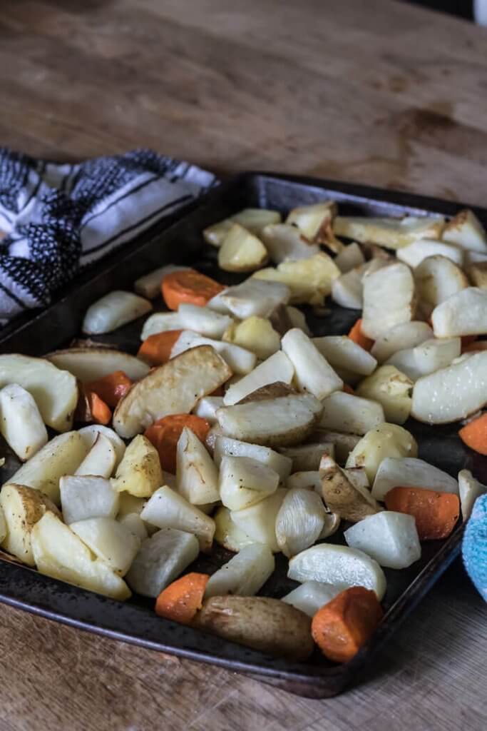 turnips, carrots and potatoes after roasting