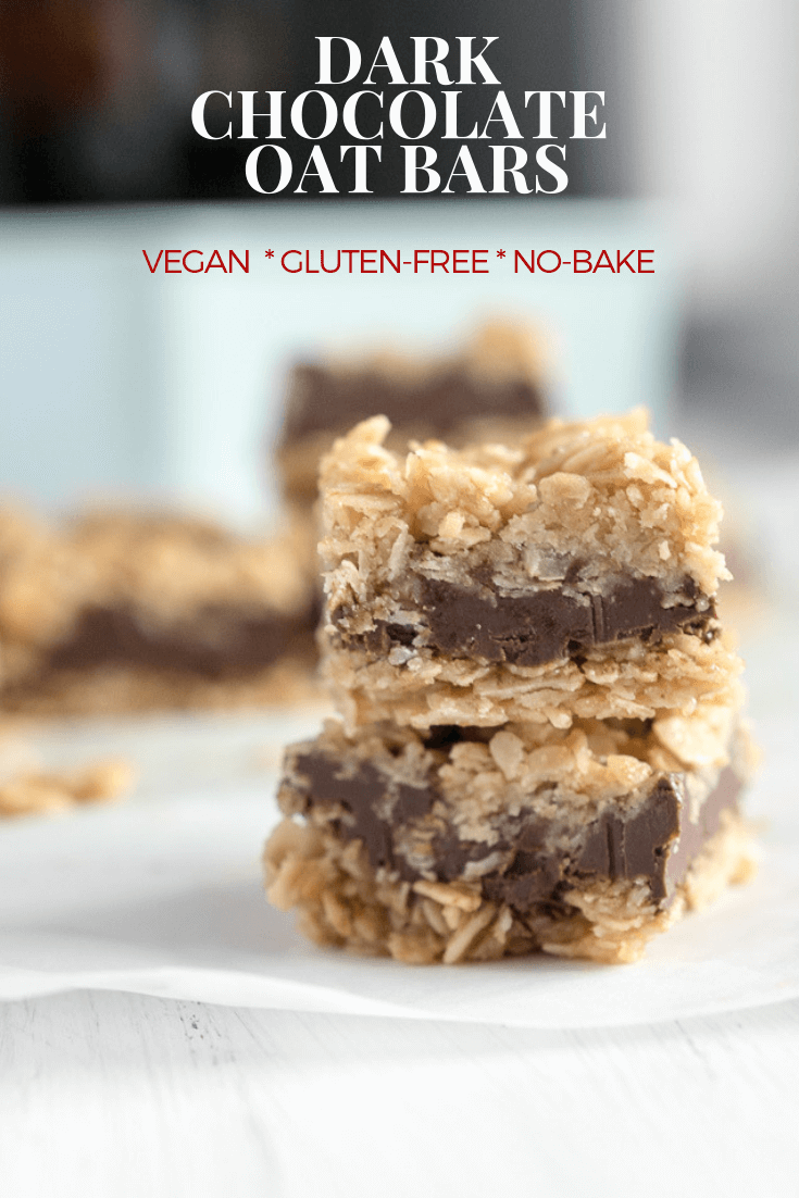 dark chocolate peanut putter vegan oat bars - stacked with text in image