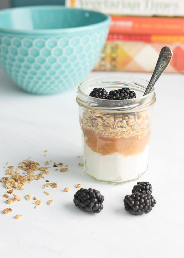 applesauce, greek yogurt with granola and blackberries for packed in a lunch