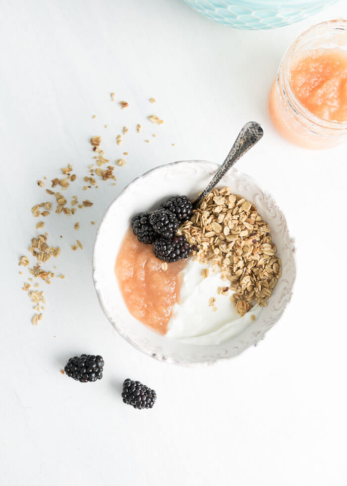 applesauce, greek yogurt with granola and blackberries