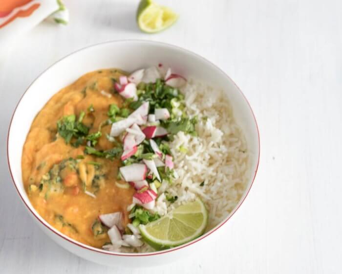 lentil and sweet potato curry on rice