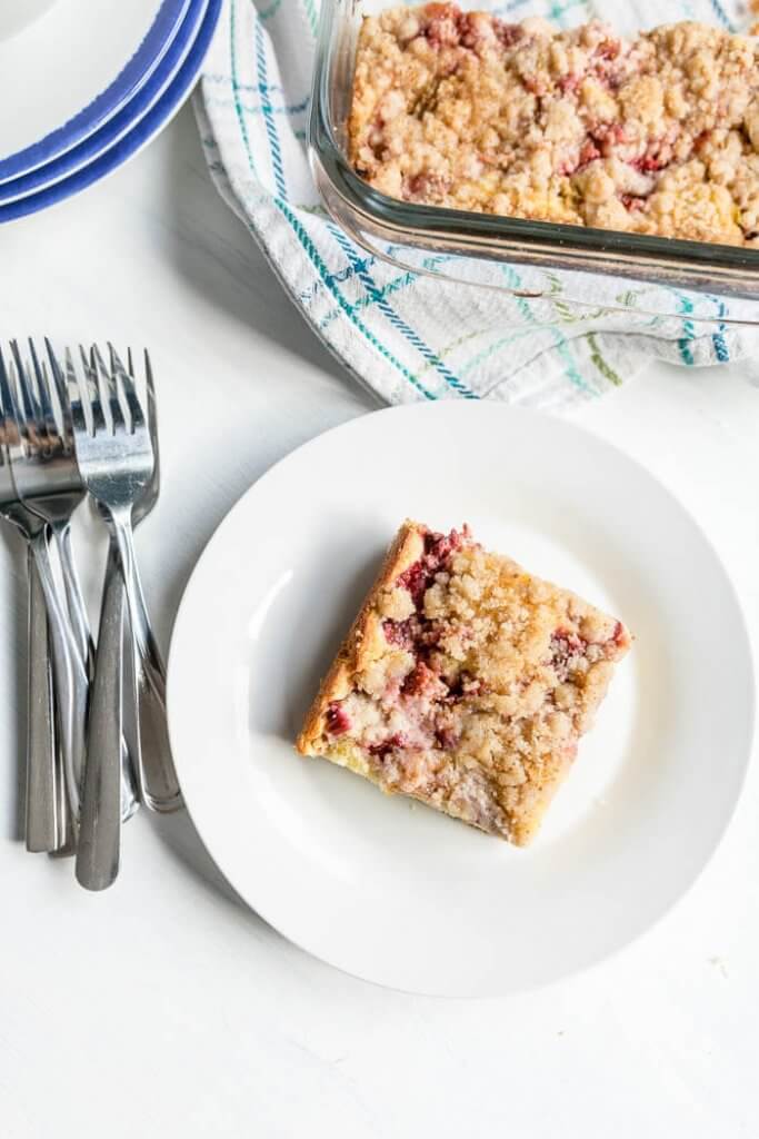 Strawberry Rhubarb Coffee Cake on a plate top view