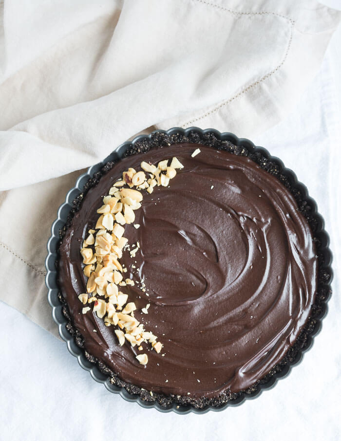 chocolate peanut butter tart with peanuts