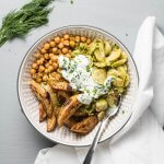 roasted chickpeas potato bowls with dill sauce with Brussel Sprouts