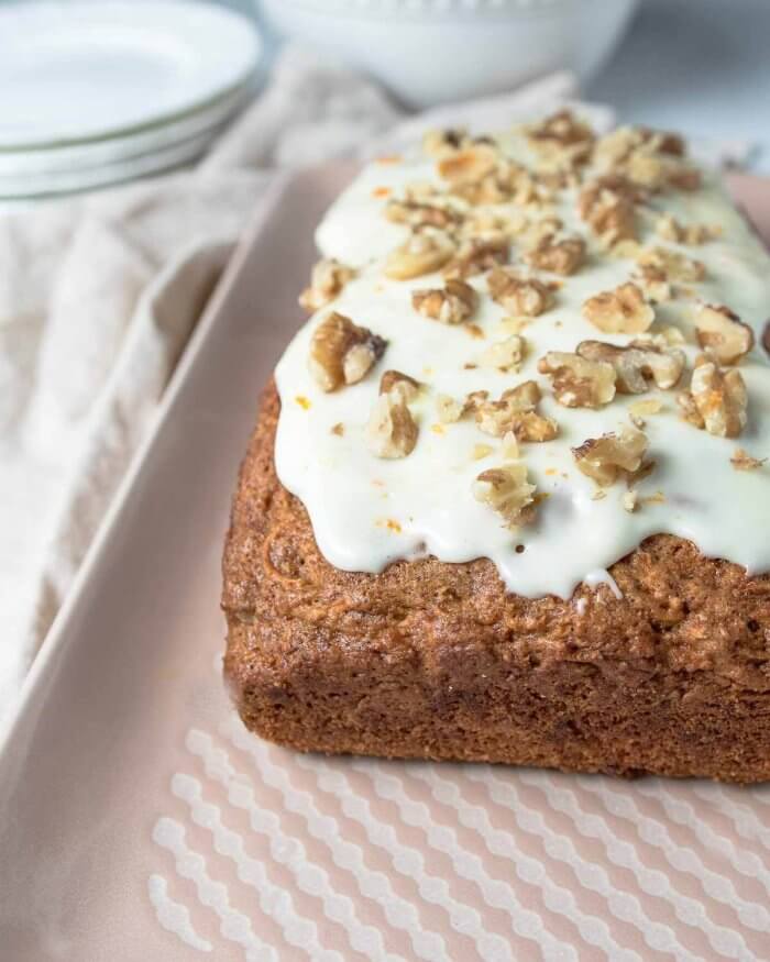 carrot cake loaf with soft cream cheese frosting