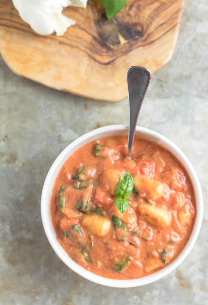 creamy tomato gnocchi soup with spinach