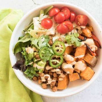 sweet potato and chickpea bowls with vegan queso cheese