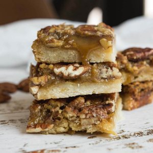 three pecan pie bars with shortbread crust