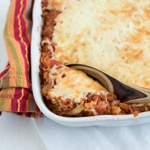 vegetarian cabbage roll casserole with creamy cheese topping
