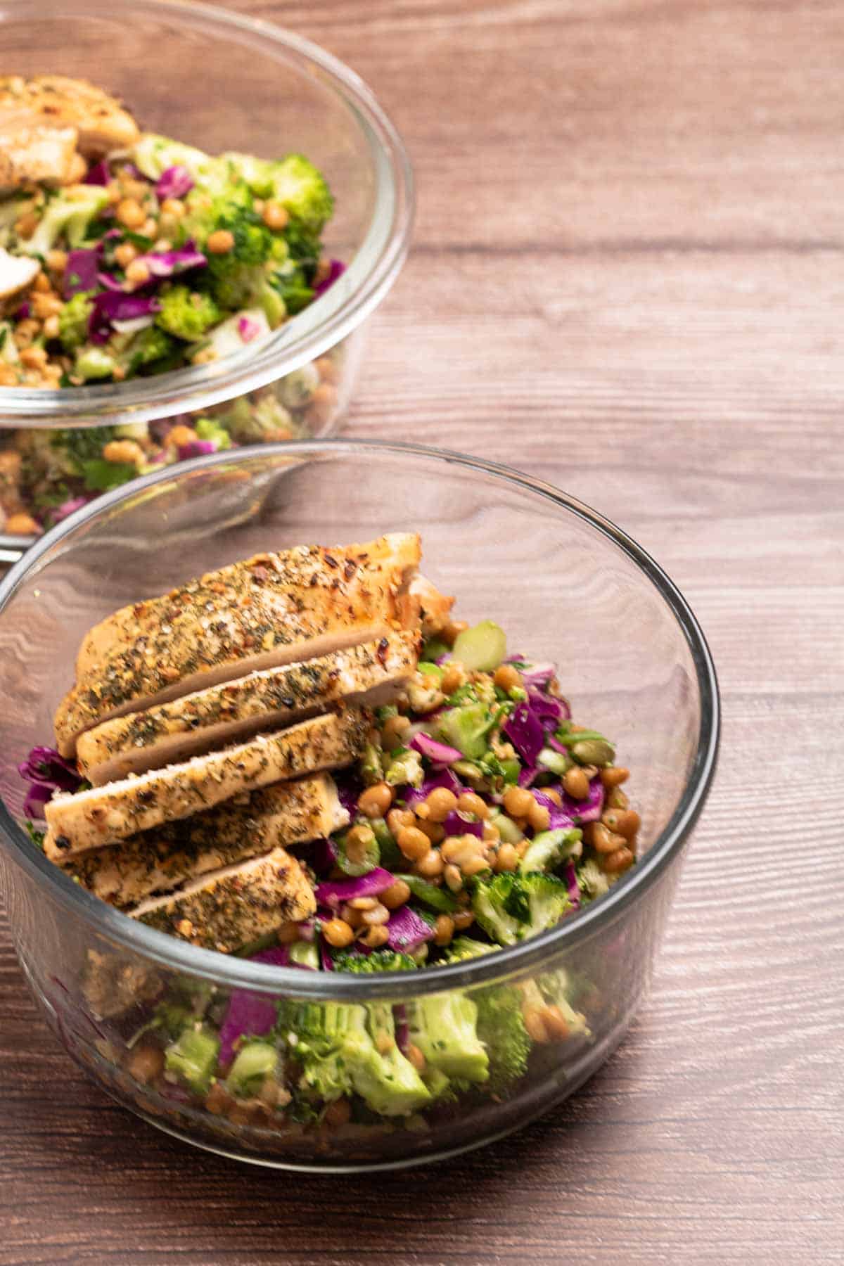 broccoli and lentil salad in meal prep contains with grilled chicken